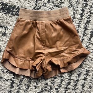 Karen Millen tan leather shorts with elasticized waist and frill size 10